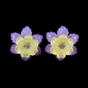 Frilly Flower Earrings, Yellow on Violet