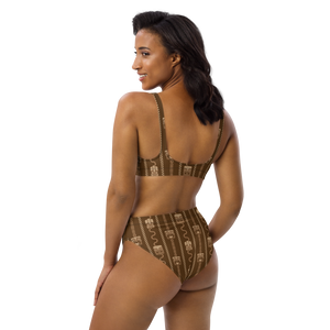 Brown Tiki Pattern Recycled high-waisted bikini