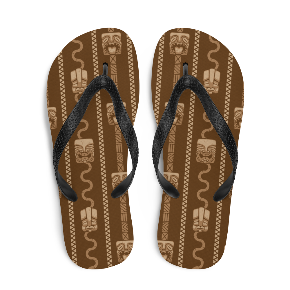 Brown Tiki Pattern Flip Flops
